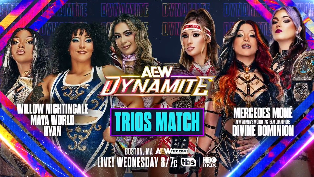 #AEWDynamite 8/7c TBS &amp; HBO Max WED 7/15 Willow Nightingale/maya world/HYAN ハイアン vs Big D Moné/MEGAN BAYNE ⚡️ メーガン・ベイン/Lena Kross レナ・クロス Before her #AEWRedemption match, Willow, Maya &amp; Hyan face Willow's possible #AEWAllIn foe Moné &amp; Divine Dominion in Moné's hometown of Boston, WEDNESDAY!