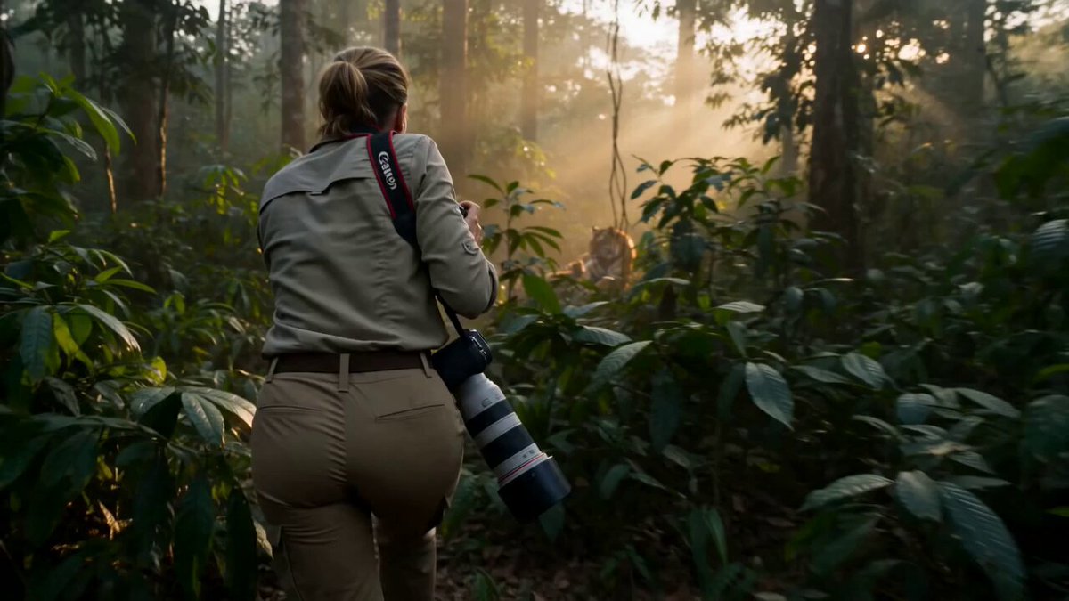 Every click preserves a moment that can never be repeated Generated with BudgetPixel AI Prompt 👇 A professional female wildlife photographer in a dense jungle, shot in true-to-life documentary style, early morning golden hour with soft mist, natural lighting, highly realistic environment. She moves carefully and silently through foliage with a high-end DSLR and telephoto lens, wearing neutral outdoor gear. Subtle handheld camera movement for realism.* She suddenly spots a Bengal tiger resting with two cubs in the wild. The scene feels authentic and undisturbed. She slowly crouches, stabilizes her camera, adjusts focus and aperture — extreme close-up of her finger pressing the shutter, capturing the moment. Cut to ultra-realistic telephoto shots: the tiger calmly watching, cubs playfully moving around, detailed fur, natural eye movement, dust particles in the air. No exaggeration — pure documentary realism. Include professional camera work: over-the-shoulder shot, tight lens framing, shallow depth of field, natural focus pulls, slight lens breathing. Add subtle slow-motion (only for key moments like cub movement and tiger head turn), maintaining realism.* Ambient audio: real jungle sounds — birds, insects, leaves rustling, distant animal calls, camera shutter clicks. No artificial effects. Ending: she quietly exhales in awe, small genuine smile, reviews the captured shots on camera screen. No dramatic acting — natural human reaction. Ultra-realistic, 4K, HDR, National Geographic/BBC Earth style, cinematic but grounded in reality.