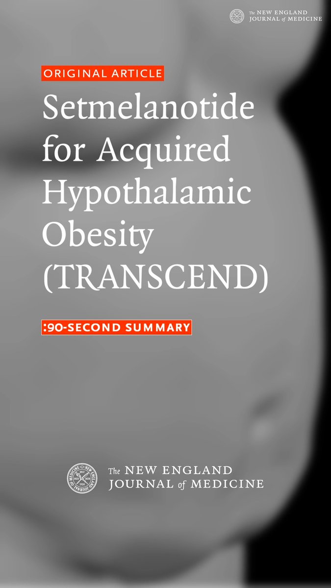 Among participants 4 to 66 years of age with acquired hypothalamic obesity, setmelanotide, a melanocortin-4 receptor agonist, led to significantly greater reductions in body-mass index and hunger than placebo at 52 weeks. Read the full TRANSCEND trial results: