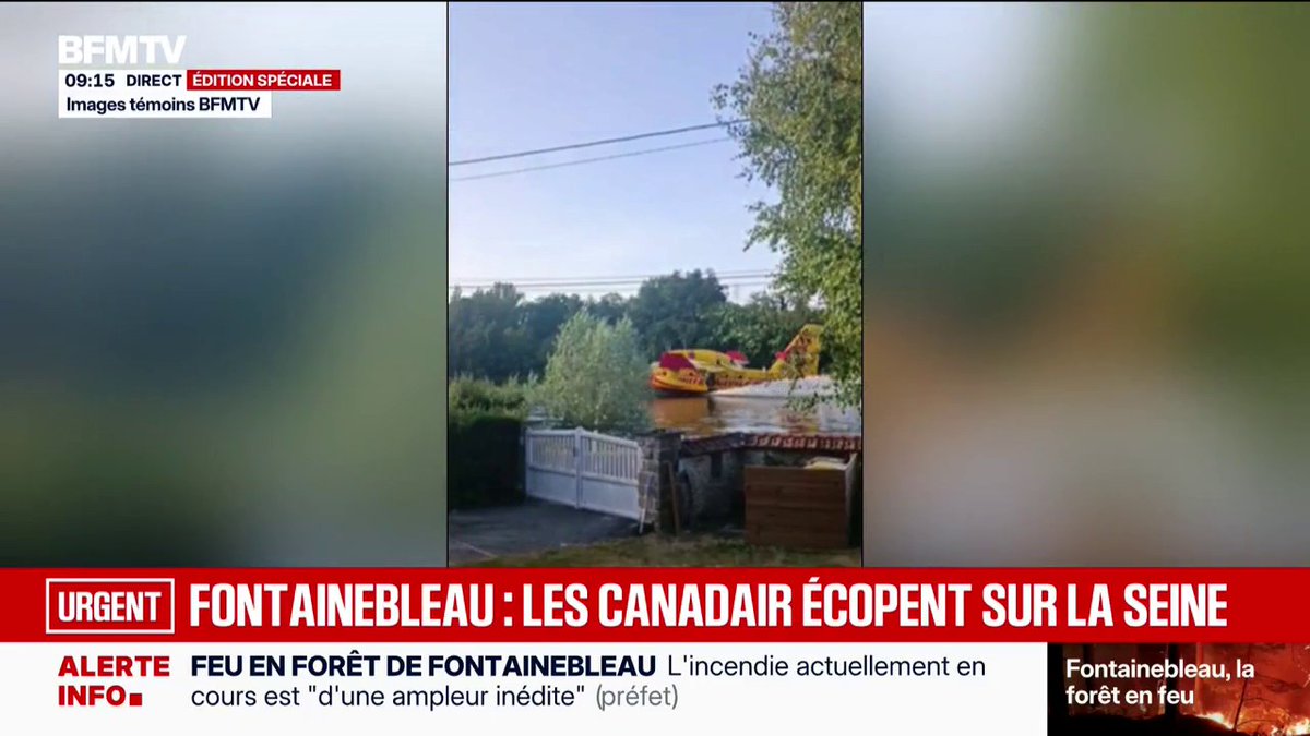 Les canadair écopent sur la Seine afin de lutter contre l'incendie à Fontainebleau