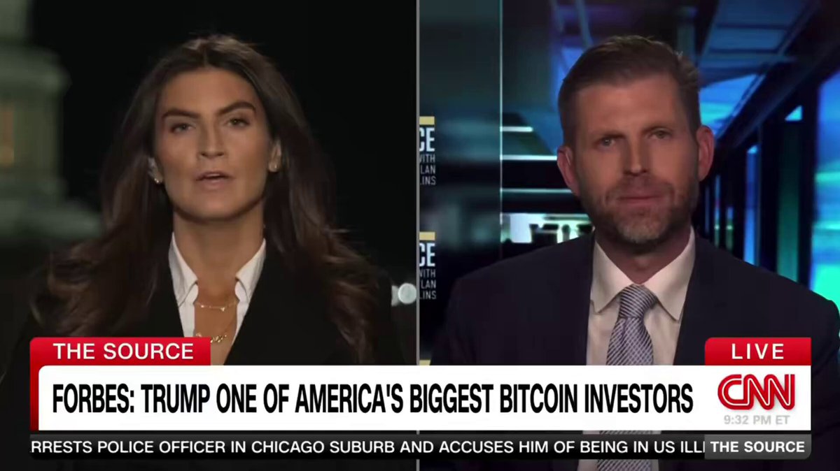 BREAKING 🚨 CNN’s Kaitlan Collins: “How do you draw the line between what [your father] does as president and what your family does as business?” Eric Trump: “I stay the h*ll out of Washington, D..C... We found crypto because we were debanked… Everybody wants the U.S. dollar… People are gravitating toward the American system, and I think that’s a beautiful thing for our country… My father’s winning the [crypto] race, and he’s winning it for America.” Great response from Eric!