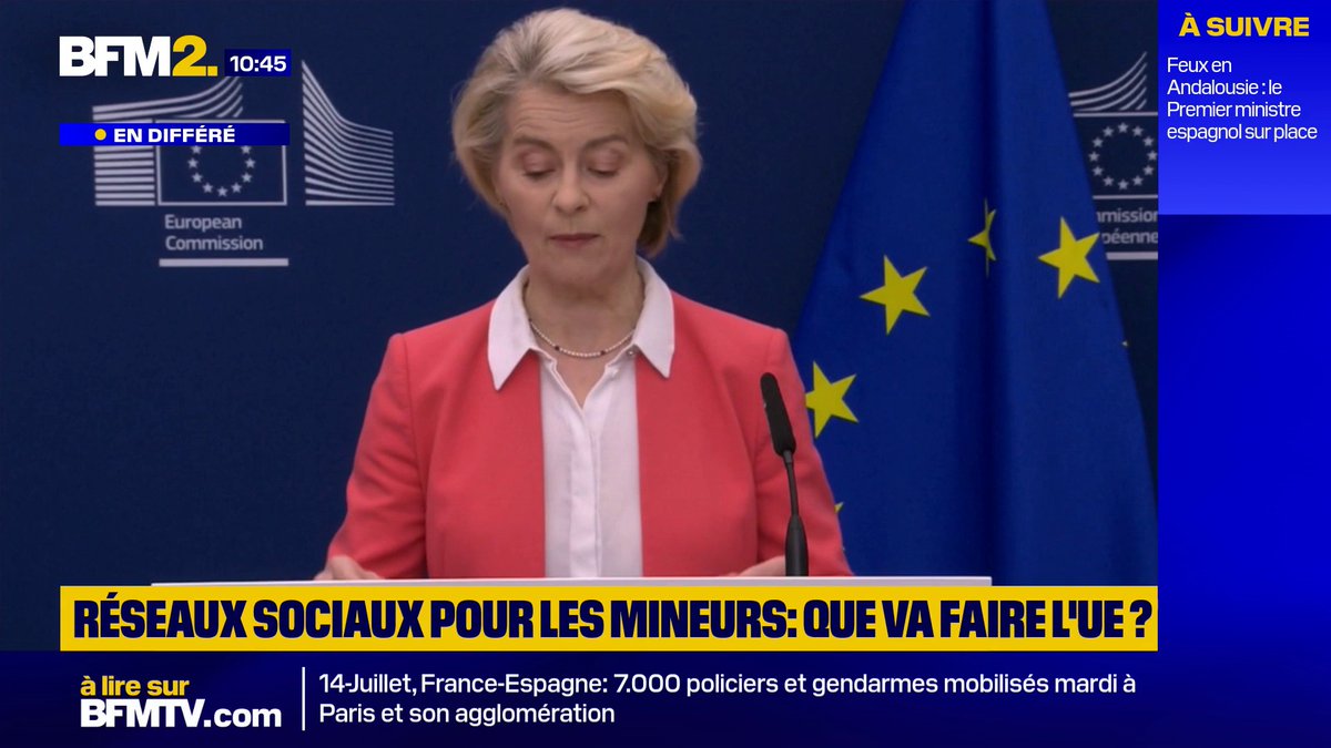 Von der leyen : "La question n'est plus de savoir si nos enfants sont confrontés à des risques en ligne, mais à ce que nous pouvons faire pour que nos enfants commencent leur vie numérique de façon plus sûre. Notre application de vérification de l'âge est un des outils." #BFM2