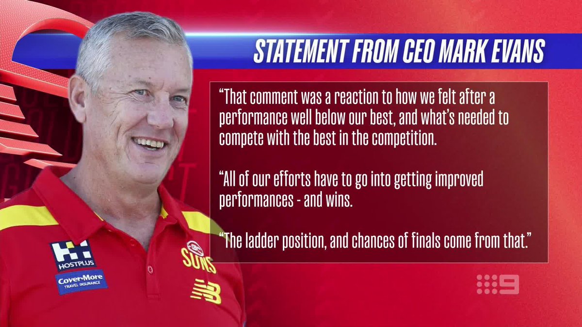 "That's a clear change from what Damien Hardwick said." In a statement to #9FootyClassified, Suns CEO Mark Evans has responded to Hardwick's comments that's the club's season is effectively over. Watch on 9 & 9Now 🖥️