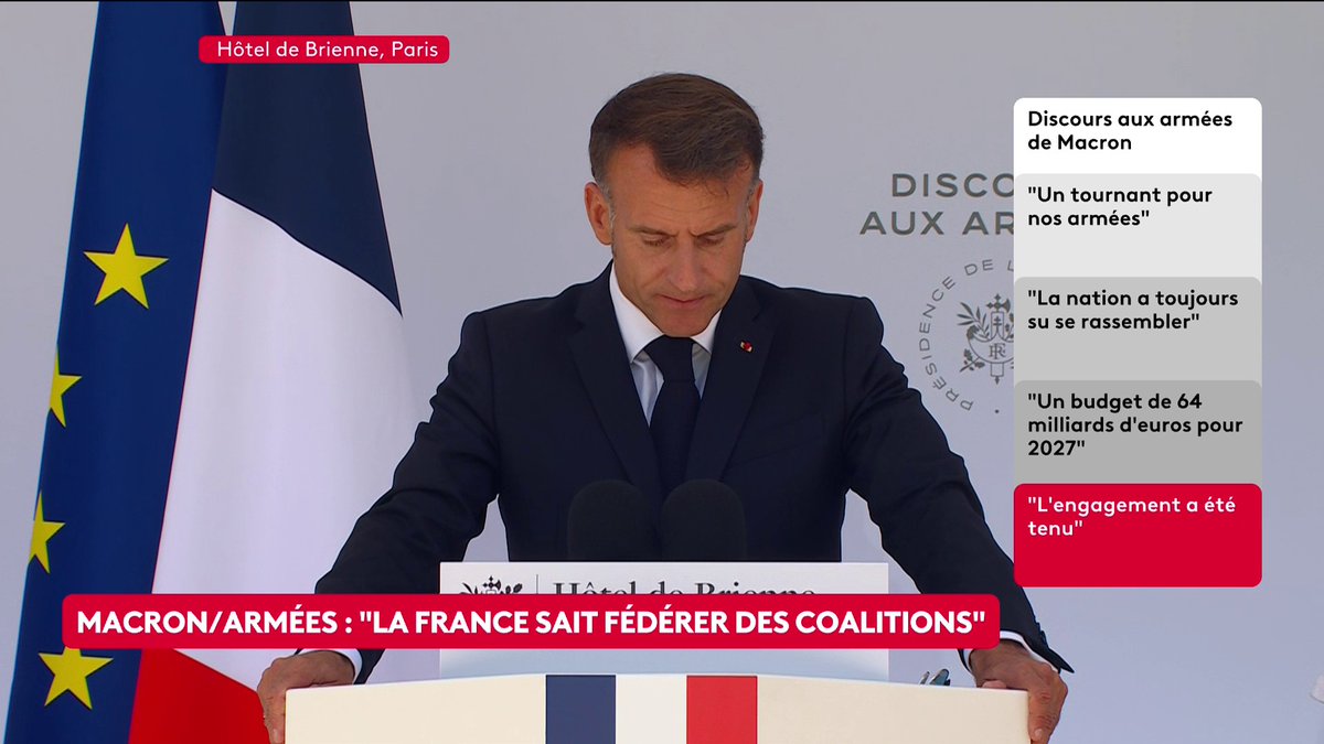 🔴 "L'Europe est en train de devenir une puissance, s'appuyant sur les États qui la constituent, respectueuse de leurs décisions souveraines, mais assumant de se défendre et d'agir unis." 🗣 Emmanuel Macron, lors de son dernier discours aux armées. #canal16