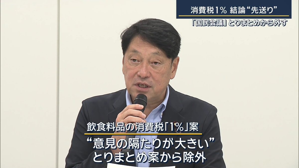 【消費税1% 結論“先送り”に】取りまとめ案から除外 | 『国民会議』で実務者の議長を務める自民党の小野寺五典税調会長は、3年後に導入を目指す中・低所得者への給付制度の案を各党に示す →前向きな評価を得たとして、16日にもとりまとめたい考え 導入までの“つなぎ”として、来年4月から2年に限り、飲食料品の消費税を1%に引き下げる案→意見の隔たりが大きいとして、とりまとめ案から外し先送りに