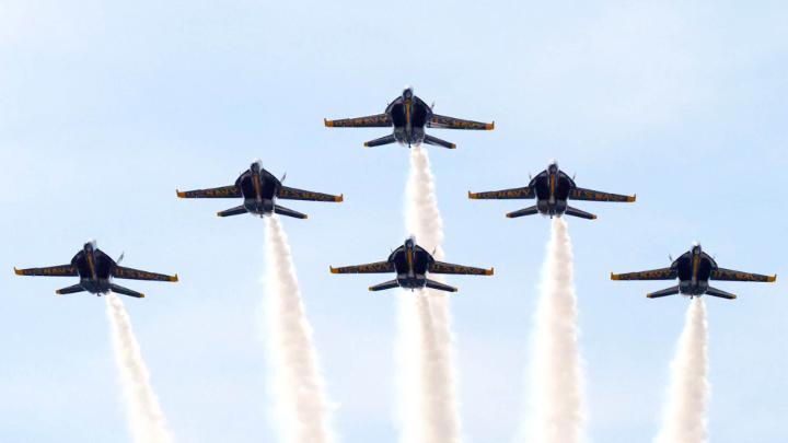 Blue in the Lou. The Blue Angels returned to Boeing St. Louis, where the F/A-18 Super Hornet is built, for a special flyover and to recognize the teammates who build and support the jet. The Blue Angels celebrate 40 years of flying the F/A-18 and the team's 80th anniversary.