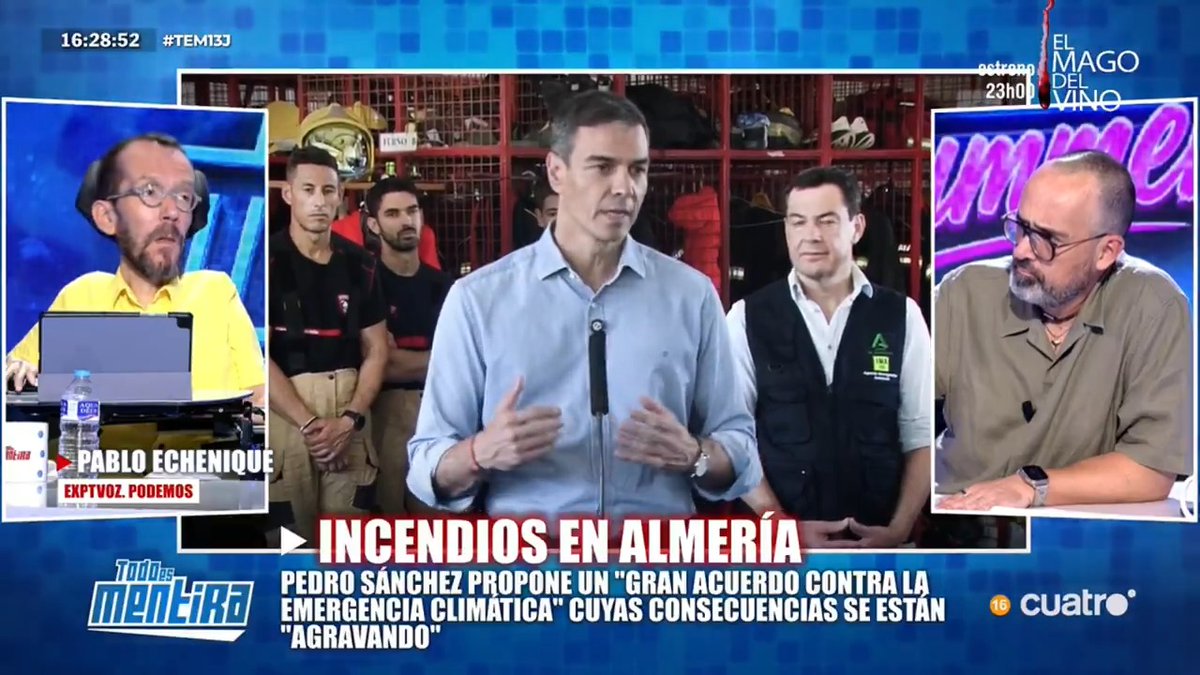 "Le diría que de los 10.000 millones que va a gastar en misiles y en tanques coja una parte y se lo gaste en contratar más bomberos forestales" Pablo Echenique en Todo Es Mentira sobre el marketing y el militarismo de Pedro Sánchez 👇🏾 #TEM13J