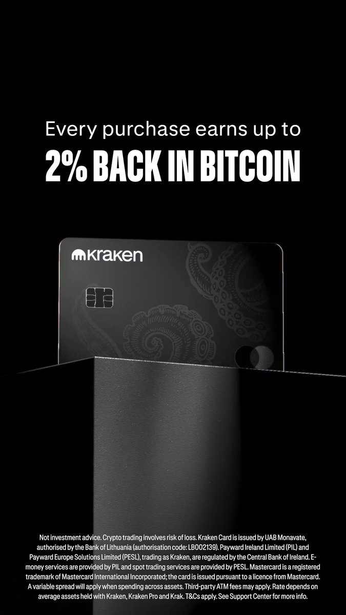 Kraken Card is here. Built with Mastercard. For you to spend what you trade. Up to 2% cashback in BTC or cash. Zero fees. 600+ currencies. Get your Kraken Card: Geo restrictions apply.