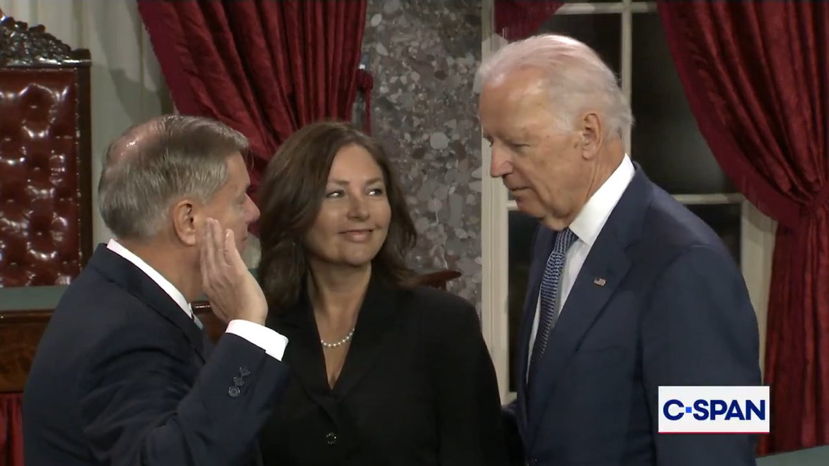 January 6, 2015 -- Darline Graham Nordone holds the Bible for Sen. Lindsey Graham (R-SC) during ceremonial swearing-in with Vice President Joe Biden.