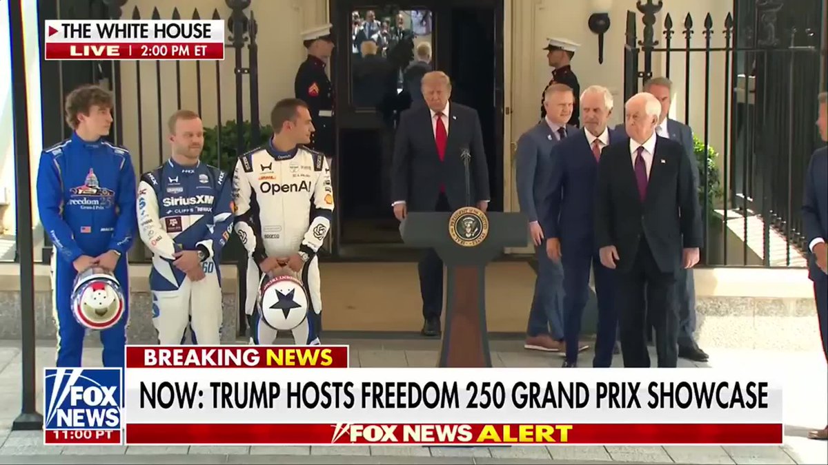 NOW: President Trump walks out of the White House to a roaring crowd and hands Presidential Challenge Coins to Freedom 250 Grand Prix drivers before delivering remarks on the Freedom 250 Grand Prix Showcase.