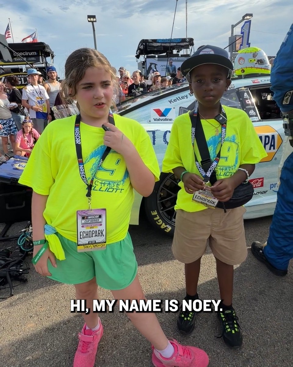 Meet the artists behind the art. Children's patients Noey and Max show off their designs on Chase Elliott's car at EchoPark Speedway.