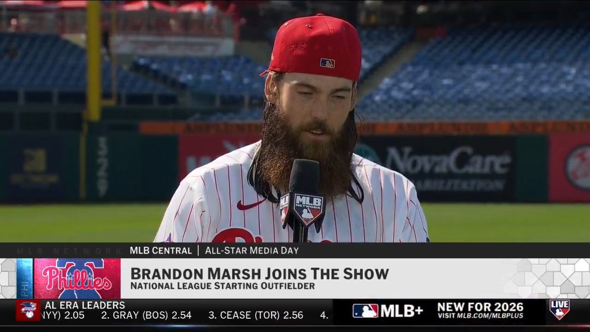 "To be honest, I'm getting chills right now... I'm just super honored to be here." Philadelphia Phillies OF Brandon Marsh shares his emotion when he found out he'd be starting in the All-Star Game in his home ballpark. 📺 All-Star Media Day on MLB Network