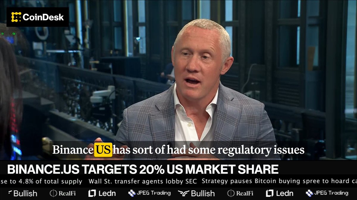 🎥 Steve Gregory says Binance.US 🇺🇸 is emerging from two years of regulatory-driven hibernation and is back in growth mode, with plans to reclaim its previous 20% share of the U.S. crypto market.