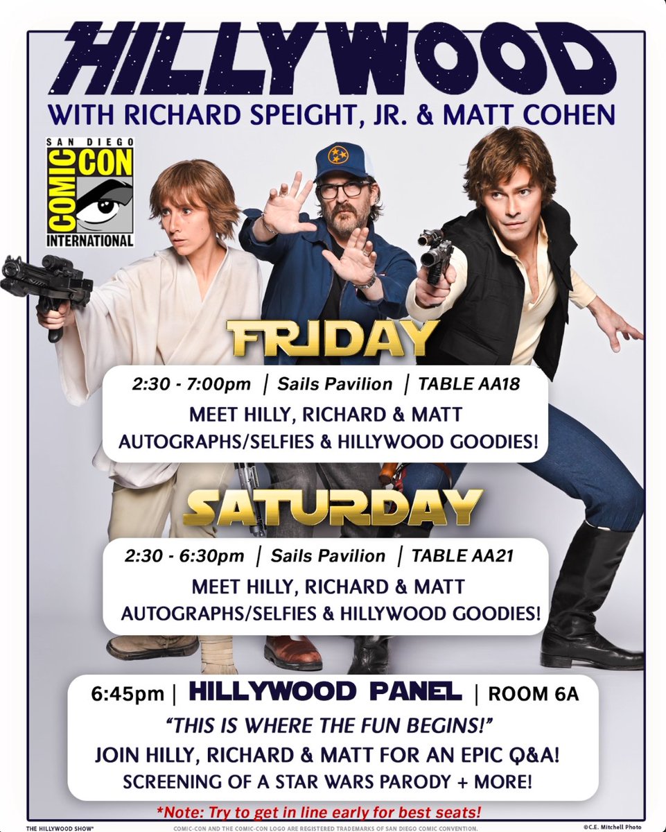 COMING TO #SDCC: HILLYWOOD with @DickSp8Jr, @MattCohen4Real &amp; Hilly Hindi! ⭐️ Check out the Official Schedule for Autographs/Selfies, Hillywood goodies &amp; AN EPIC HILLYWOOD Q&amp;A PANEL! See you there! 👇 🔗SCHEDULE: #StarWars #Supernatural #SPNFamily