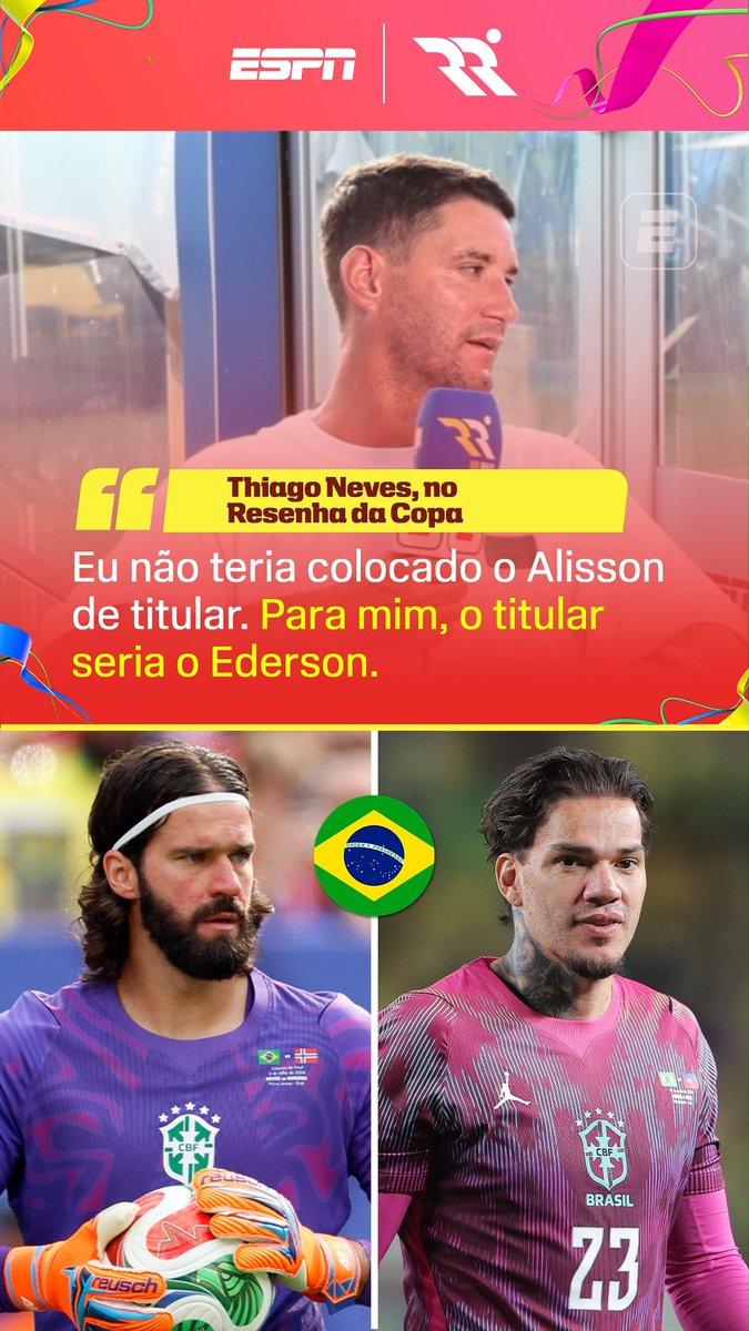 EDERSON DEVERIA TER SIDO TITULAR? 👀 No Resenha da Copa, Thiago Neves opinou sobre a seleção brasileira na Copa do Mundo e contou que, para ele, Alisson deveria ter ficado no bando, já que vinha de lesão e ainda estava sem ritmo de jogo. Por isso, teria escolhido Ederson, do Fenerbahçe, como titular. 🧤🇧🇷 E aí, fã de esporte: concorda ou manteria o Alisson? 🤔🔥 Assista à Copa do Mundo FIFA pela CazéTV, no #DisneyPlus, sem custo adicional. #ESPN2026 #FIFAWorldCup