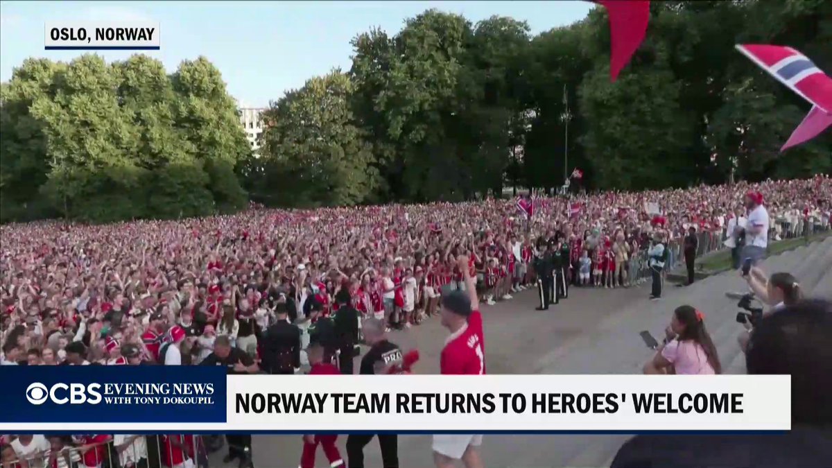 Norway's national soccer team returned home to a hero's welcome after reaching the World Cup quarterfinals for the first time. An estimated 100,000 fans packed outside the Royal Palace to celebrate.