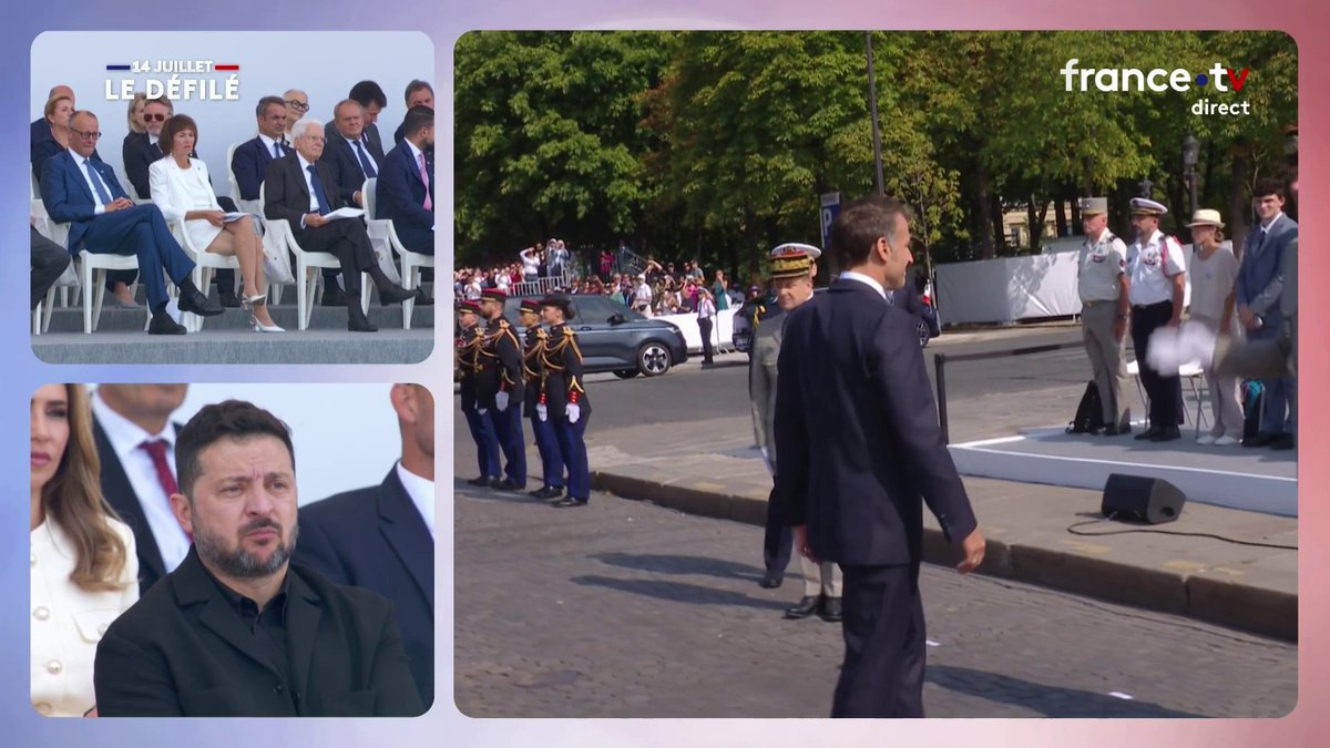 🇫🇷 Le président de la République Emmanuel Macron salue les chefs d'état-major des trois armées, le directeur général de la Gendarmerie nationale et le gouverneur militaire de Paris. #14Juillet #fetenationale