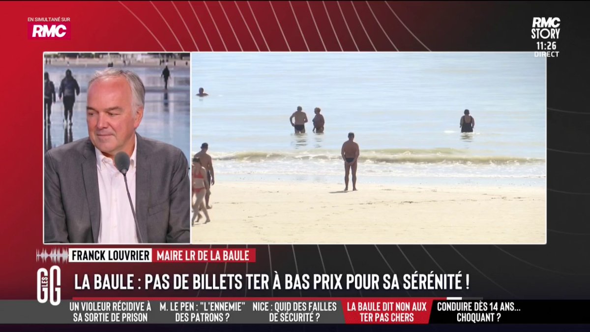 🚃 Pour garantir la sérénité de La Baule, le maire ne veut pas de billets TER à bas prix vers sa ville. 📞 Franck Louvrier, maire de La Baule : "On passe de 18.000 à 180.000 habitants en quelques heures. Si on augmente encore, on se retrouve en difficulté au niveau sécuritaire." #GGRMC