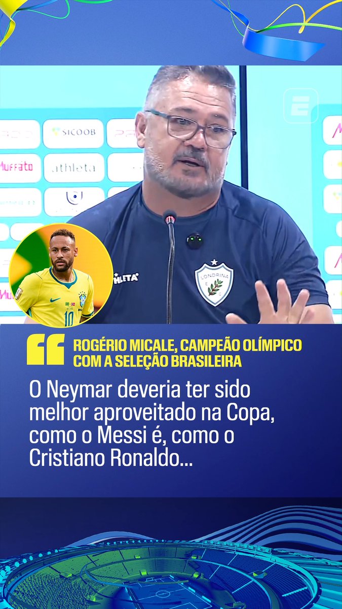 “Pra mim, o Neymar é o melhor jogador brasileiro. Quem sou eu para falar do Ancelotti, mas o Neymar tinha que ser melhor aproveitado, como Messi, como Cristiano Ronaldo, como Salah…” “Sobre o próximo ciclo (para a Copa do Mundo de 2030), eu quero ver o Neymar em campo. Eu pago ingresso para ver o Neymar. Tem muitos jogos no Brasil que eu não iria nem recebendo convite. Se o Neymar estiver em campo, com o mínimo de condição, eu vou ao estádio.” 🎙️ Rogério Micale, técnico campeão olímpico com o Brasil em 2016. 🎥 ESPN Brasil | SportsCenter Brasil