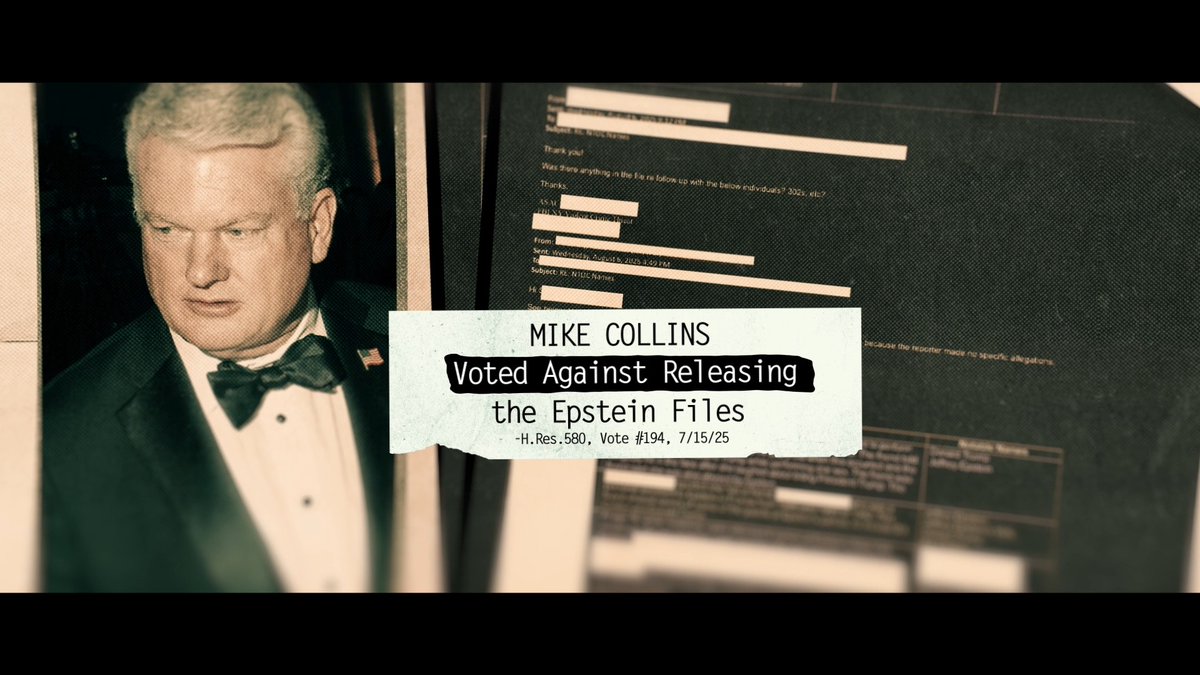 Georgians need to know the truth about Mike Collins. Collins voted with Trump against releasing the Epstein files even after it was revealed Epstein sexually abused girls as young as 14. Mike Collins protected powerful elites instead of our children. Jon Ossoff passed a law to stop child sex trafficking. Watch our new ad: