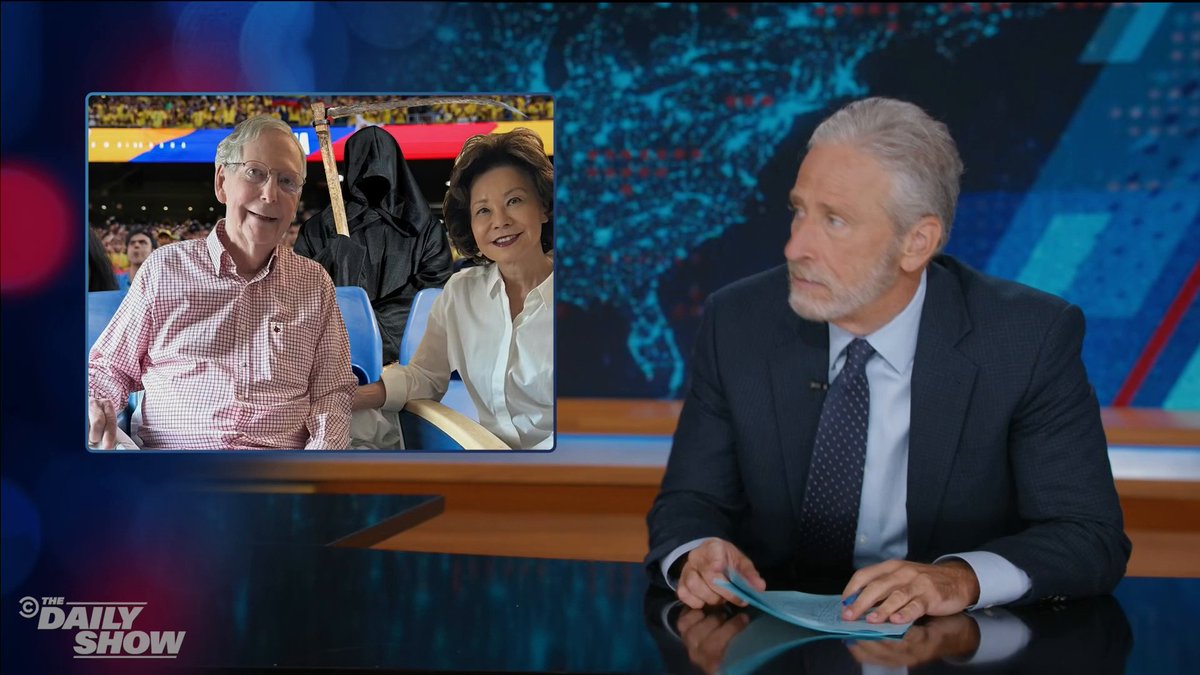 .@JonStewart examines the totally believable evidence that Mitch McConnell is not only alive, but the happiest boy in the hospital!