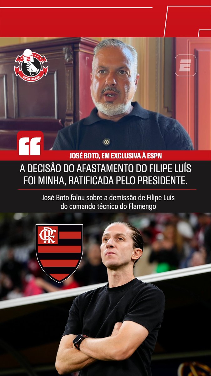 “A decisão da demissão do Filipe Luís no Flamengo foi minha, ratificada pelo presidente (Bap). Não teve interferência de mais ninguém, por isso vocês foram pegos de surpresa.” 🎙️ José Boto, diretor de futebol do Flamengo. 🎥 ESPN Brasil | SportsCenter Brasil