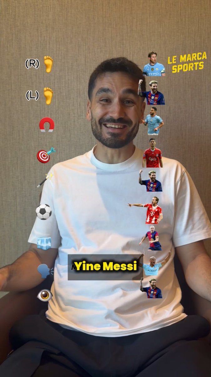 İlkay Gündoğan'a göre mükemmel oyuncu Sağ ayak: Kevin De Bruyne Sol ayak: Messi First touch: Riyad Mahrez Pas: Xabi Alonso Dripling: Messi Şut: Harry Kane Baskıya dayanıklılık: Iniesta Liderlik: Vincent Kompany Oyun görüşü: Messi Futbol zekası: Pedri. Çok zeki bir oyuncu.