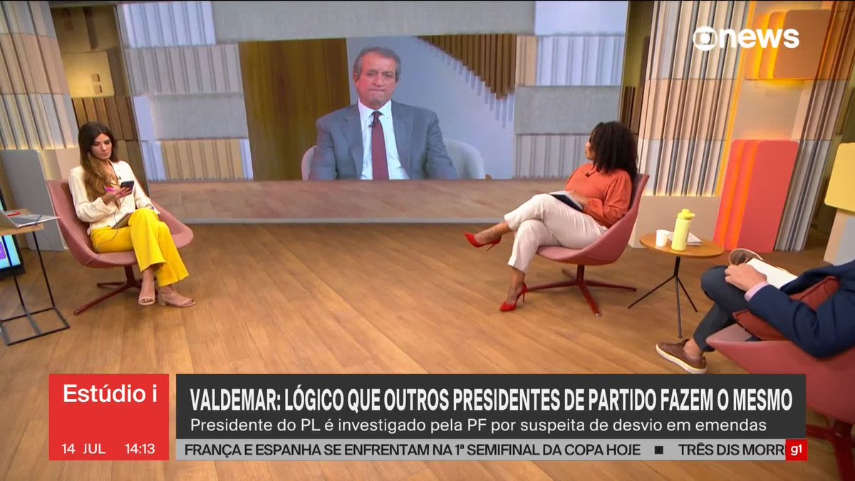 Valdemar sobre divisão de emendas : é "lógico" que outros presidentes de partido fazem o mesmo. "Quem tem a visão nacional do partido é o presidente". ➡Assista à #GloboNews: #Estudioi