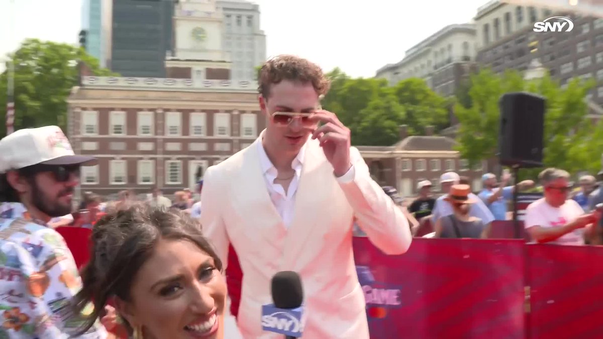 Cam Schlittler talks with Michelle Margaux about his outfit and who on the Yankees is the best dressed