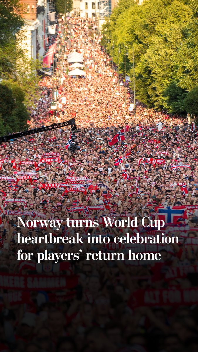 Massive crowds filled the grounds of the Royal Palace in Oslo to welcome home Norway's World Cup team. An estimated 100,000 people along with the team performed one last "Viking row," led by Crown Prince Haakon on the drums.