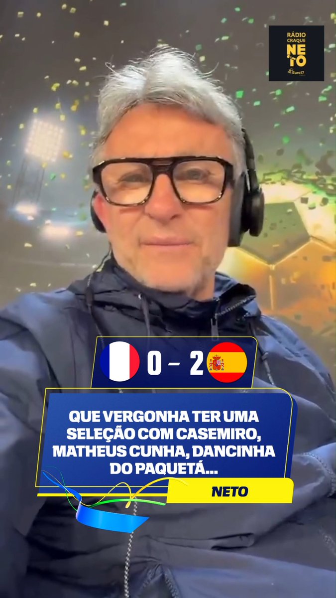 ‘QUE VERGONHA’ 👀 Em suas redes sociais, Craque Neto falou sobre a vitória da Espanha por 2 a 0 sobre a França, elogiou a seleção espanhola e criticou alguns jogadores da Seleção Brasileira. via: Rádio Craque Neto 👉 Assista à Copa do Mundo FIFA pela CazéTV, no #DisneyPlus, sem custo adicional. #ESPN2026 #FIFAWorldCup