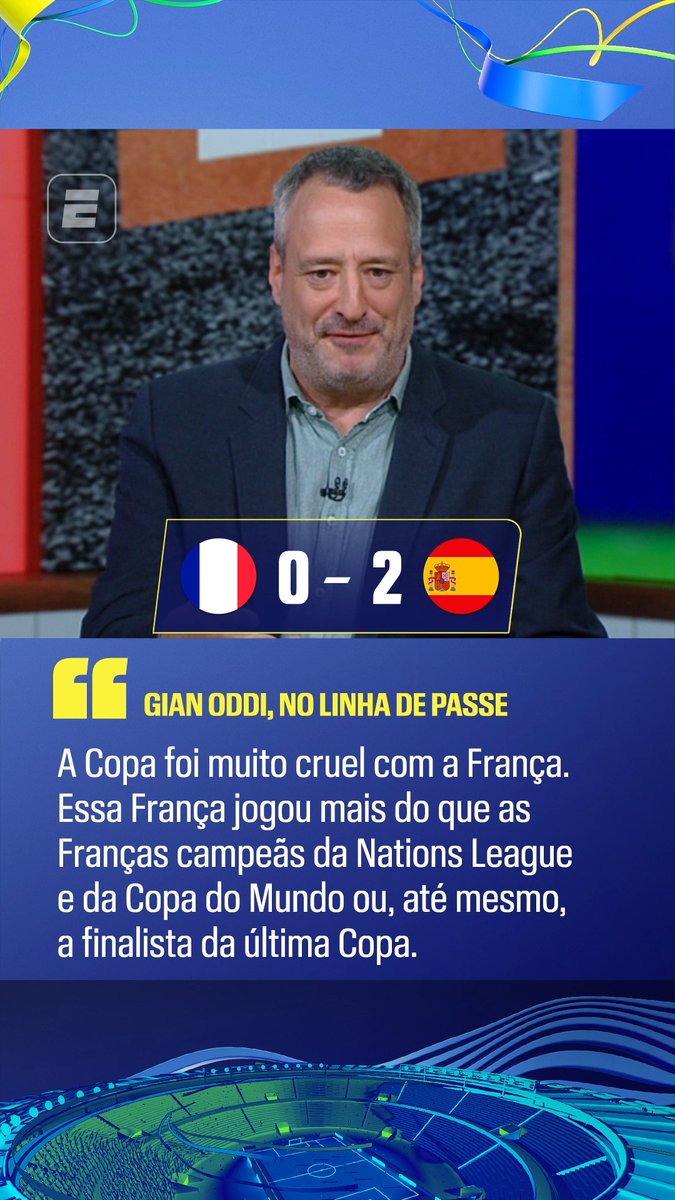 “O jogo de hoje mostra como a Copa do Mundo pode ser cruel. O mérito da Espanha é indiscutível, deu um baile, mas a Copa foi cruel com a França. Essa França jogou mais do que as Franças campeãs da Nations League (2021) e da Copa do Mundo (2018) ou, até mesmo, a finalista da última Copa (2022).” 🎙️ Gian Oddi, na ESPN. 🎥 ESPN Brasil | SportsCenter Brasil
