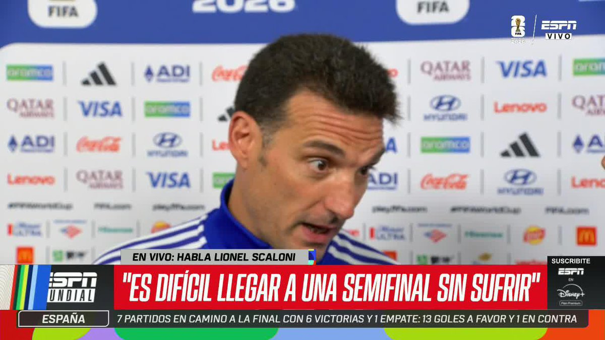 🗣️ "ES DIFÍCIL LLEGAR A UNA SEMIFINAL SIN SUFRIR" Scaloni se refirió a lo que le tocó pasar a la Selección Argentina para meterse entre los 4 mejores del Mundial. ⚡ #ESPNMundial 📺 Mirá nuestros partidos de la #FIFAWorldCup por el Plan Premium de #DisneyPlus
