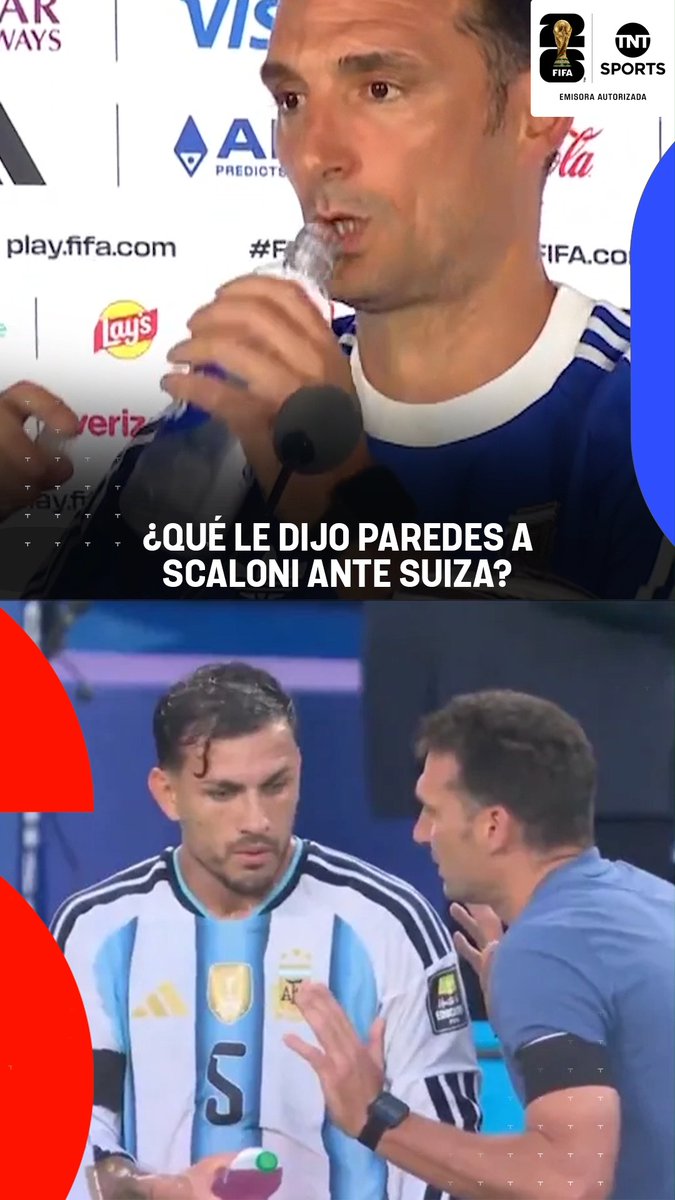 "LA TRADUCCIÓN ERA EXTRAÑA" 😅🇦🇷 Ante la consulta sobre su charla con Leandro Paredes en el parate frente a Suiza, LIONEL SCALONI explicó lo sucedido. 🗣️ "Eso se dio delante de cámara, pero se da en el vestuario siempre. Es normal", dijo el entrenador. #TNTSportsMundial