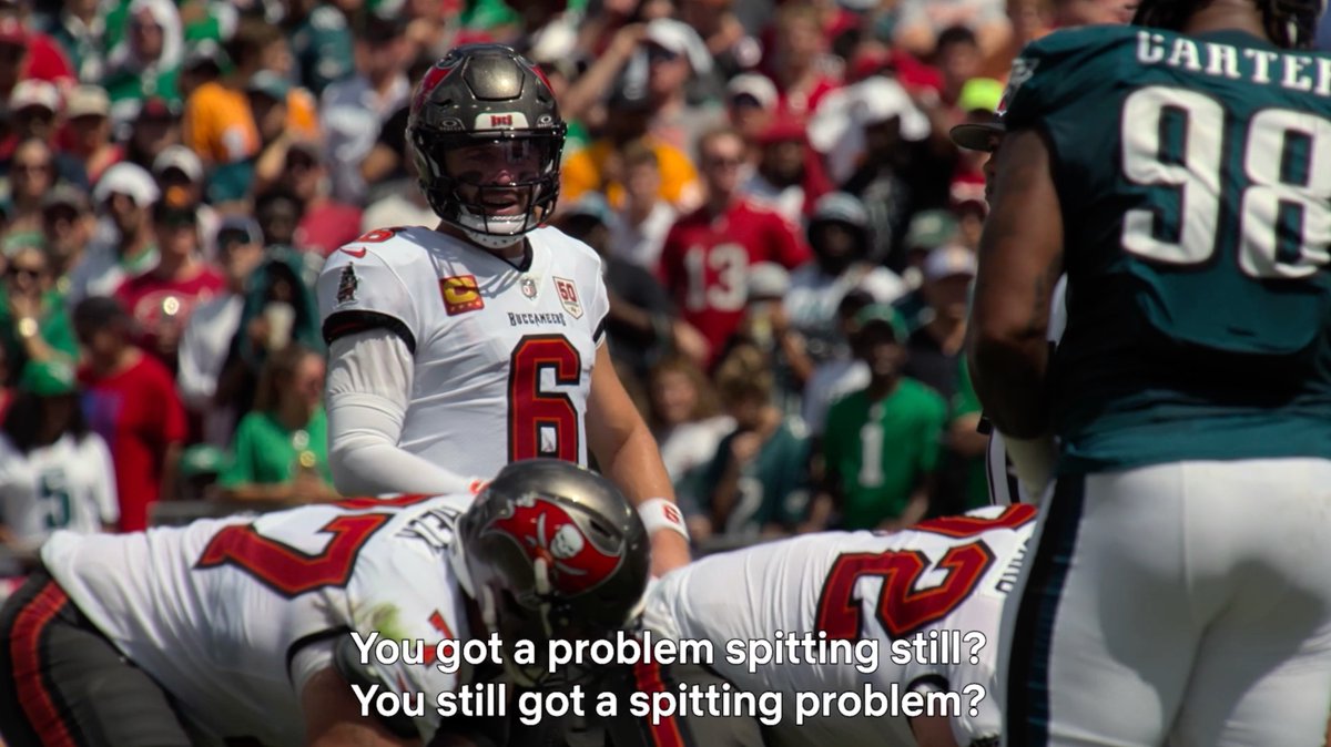 Another one: #Bucs QB Baker Mayfield trash-talking with Eagles DT Jalen Carter: “You got a problem spitting still?! You still got a spitting problem?” (🎥 Netflix Sports)