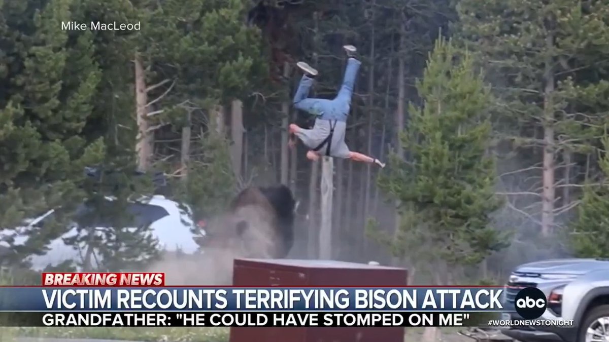 The grandfather who was tossed in the air by a charging bison at Yellowstone National Park is now speaking out about the attack. With a broken leg in four places, Carl McDaniel says he needs physical therapy to fully heal. Trevor Ault has more.