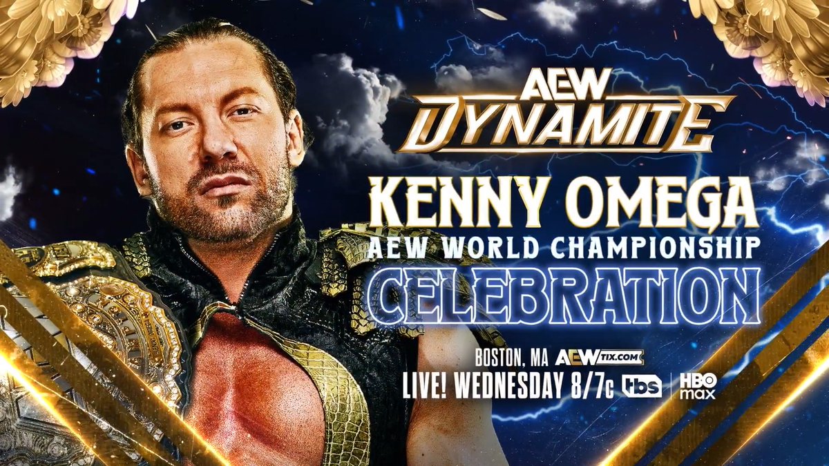#AEWDynamite LIVE, 8/7c, TBS &amp; HBO Max Boston, MA Tomorrow, 7/15! Kenny Omega AEW World Championship Celebration Kenny Omega became the AEW World Champion for the second time at Beach Break. The NEW champion celebrates his title win LIVE on TBS, TOMORROW NIGHT!