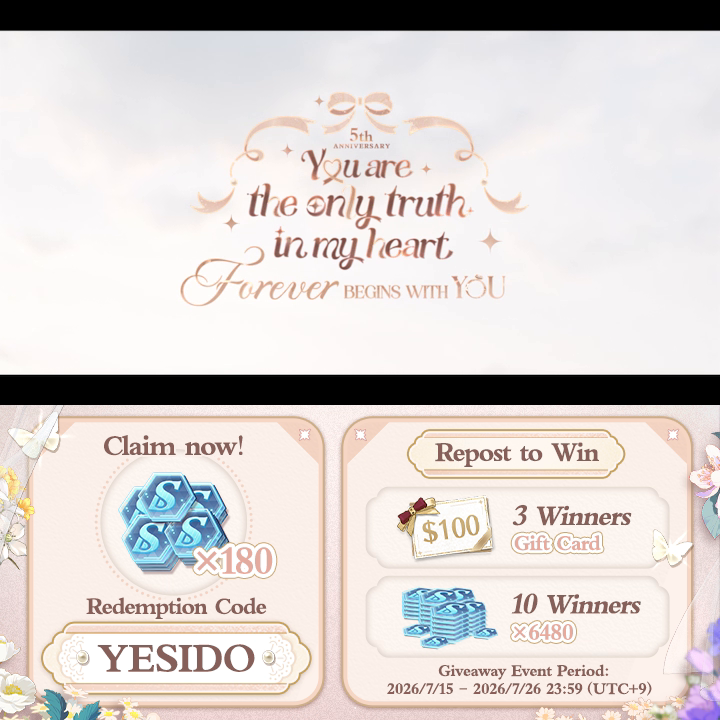 #TearsOfThemis 5th Anniversary Event Trailer 💍 Anniv Bonus Redeem for 🔹S-Chip ×180🔹 >> 💍 Repost to Win 💳 100 USD Gift Card | 💙 S-Chip ×6480 The Event Shadow of Themis will be available today at 13:00 (UTC+9)! #ToT5thAnniv #ToTWedding
