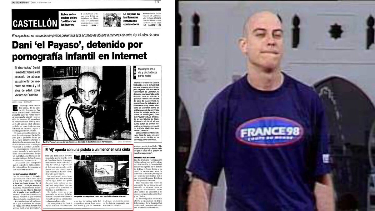 Daniel García Fernández, conocido como «Dani el Payaso», fue detenido en Castellón en noviembre de 1999. Fue condenado como autor y distribuidor de pornografía infantil, por corrupción de menores, agresiones sexuales y delitos continuados de abusos sexuales. En el momento de su detención tenía 26 años. Los hechos que se le imputaron se produjeron entre 1996 y 1999. El Ministerio Fiscal solicitaba una pena de 37 años de prisión. Actualmente se encuentra en libertad. Los agentes le incautaron numerosas cintas de vídeo con abundante contenido de pornografía infantil. Muchas de ellas fueron filmadas en el Bar España de Benicarló, en la masía Mas del Coll de Rosell, en la Residencia de Menores Baix Maestrat de Vinaròs y en otros lugares. El sargento González Calviño formó parte de la investigación del caso de «Dani el Payaso». Visualizó las cintas de vídeo de pornografía infantil que se incautaron en noviembre de 1999. En esas fechas mantuvo varias entrevistas con Reinaldo Colás y doña Francisca Pons Amat en las dependencias de la Policía Judicial de la Audiencia Provincial de Castellón. Les preguntó en varias ocasiones sobre el contenido de las cintas y su posible relación con los niños filmados en el Bar España, en concreto las niñas Támara y Aída, hijas de Reinaldo Colás, y Eric García Vidal, nieto de Francisca Pons. El sargento González Calviño afirmó de forma encubridora que dicho material pedófilo no tenía relación con las Diligencias de Investigación Penal n.º 32/99, cuando posteriormente se ha comprobado que sí existía relación y que entre el material incautado a Daniel Fernández García había filmaciones realizadas en el Bar España de Benicarló. Según las noticias publicadas en el periódico Mediterráneo, el fiscal indicó que existía otro procedimiento abierto para identificar al distribuidor de la pornografía infantil que Daniel Fernández García tenía almacenada en su ordenador. «Dani el Payaso» ha sido reconocido y denunciado nuevamente por varios niños víctimas de abusos sexuales que interpusieron denuncias en los Juzgados de Vinaroz. Los denunciantes reconocieron que Dani el Payaso abusaba sexualmente de los menores y formaba parte activa de la red de pederastas que operaba en la provincia de Castellón, siendo el encargado de la distribución de copias de los vídeos en dicha provincia. Además, se le sitúa en el Bar España vendiendo armas a los mismos clientes. Escrito presentado el 11 de abril de 2006. José Luis Peteiro Periz, letrado designado por las víctimas y sus representantes legales (doña Ana Ferreres Prats y don Domingo Maura Comes, así como don Santiago Moreno Rius y don Javier Reyes Cogolludo), presentó un escrito el 11 de abril de 2006 ante el Juzgado de Instrucción n.º 2 de Vinaroz, en el marco de las Diligencias Previas 703/00, en el que exponía lo siguiente: Que esta parte ha tenido conocimiento de la existencia de varias filmaciones de vídeo en las que aparecen varios niños que fueron filmados en el Bar España de Benicarló y en la masía Mas del Coll de Rosell, y que han denunciado los abusos sexuales cometidos por una red de pederastas que operaba en la provincia de Castellón. Que, dada la urgencia y por tratarse de piezas de convicción del presente proceso, se solicita que se remita exhorto a la Sección 3.ª de la Audiencia Provincial de Castellón (Rollo 16/00, Diligencias Previas n.º 1.215/1999, del Juzgado n.º 5 de Castellón), a fin de que se remitan las filmaciones para ser visualizadas, al aparecer en ellas varios niños denunciantes de los hechos con fines pornográficos. En el suplico solicitaba: Que se tenga por presentado este escrito y, dada la urgencia, se remita exhorto a la Sección 3.ª de la Audiencia Provincial de Castellón para que, a su vez, remita las piezas de convicción (filmaciones de vídeo) en las que aparecen las víctimas denunciantes en este procedimiento, filmadas por el acusado y condenado Daniel Jesús Fernández García, para ser visualizadas en presencia del secretario del juzgado. ⚠️En este enlace puedes encontrar todos los documentos: