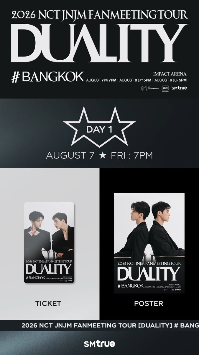 🐶 ตัวอย่าง 🐰 บัตรการแสดงและโปสเตอร์สำหรับแฟนมีตติ้งครั้งแรกในประเทศไทยของ 💚 NCT JNJM 💚 💥 𝐒𝐎𝐋𝐃 𝐎𝐔𝐓 💥 𝟐𝟎𝟐𝟔 𝐍𝐂𝐓 𝐉𝐍𝐉𝐌 𝐅𝐀𝐍𝐌𝐄𝐄𝐓𝐈𝐍𝐆 𝐓𝐎𝐔𝐑 [𝐃𝐔𝐀𝐋𝐈𝐓𝐘] # 𝐁𝐀𝐍𝐆𝐊𝐎𝐊 🕶️ 𝟑 รอบการแสดง : ⠀⠀𝟕 สิงหาคม 𝟐𝟎𝟐𝟔 (ศุกร์) เวลา 𝟏𝟗:𝟎𝟎 น. ⠀⠀𝟖 สิงหาคม 𝟐𝟎𝟐𝟔 (เสาร์) เวลา 𝟏𝟕:𝟎𝟎 น. ⠀⠀𝟗 สิงหาคม 𝟐𝟎𝟐𝟔 (อาทิตย์) เวลา 𝟏𝟕:𝟎𝟎 น. 🪞 สถานที่ : ⠀⠀อิมแพ็ค อารีน่า (𝐈𝐌𝐏𝐀𝐂𝐓 𝐀𝐑𝐄𝐍𝐀) 🎫 รอติดตามรายละเอียดวิธีการแลกรับบัตรการแสดง (บัตรพลาสติกสำหรับใช้เข้าชมการแสดง) ได้ทางบัญชีโซเชียลมีเดียต่าง ๆ ของ SM True #NCTJNJM #DUALITY #NCTJNJM_DUALITY #NCTJNJM_FANMEETING_TOUR #NCTJNJM_FANMEETING_TOUR_DUALITY #BANGKOK #SMTrue