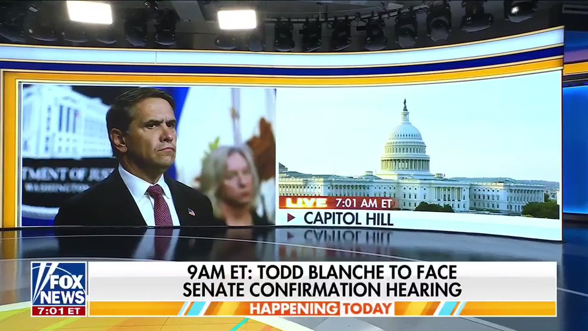 HAPPENING TODAY: President Trump's Attorney General pick, Todd Blanche, is set to face the Senate Judiciary Committee today for a tense confirmation hearing. Part of Trump's challenge in getting Blanche confirmed comes from Republican Senators Thom Tillis and John Cornyn, who could vote against Blanche if he cannot assure them that the so-called "weaponization fund," which would use taxpayer money to compensate people who believe they were wronged by the federal government, is dead. Peter Doocy reports. FOX & Friends