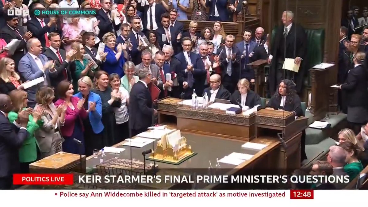 Keir Starmer gives his final message from Prime Minister's Questions, thanking members of his team and the civil service "This is the end of my political journey", he says before leaving the chamber to applause #PMQs