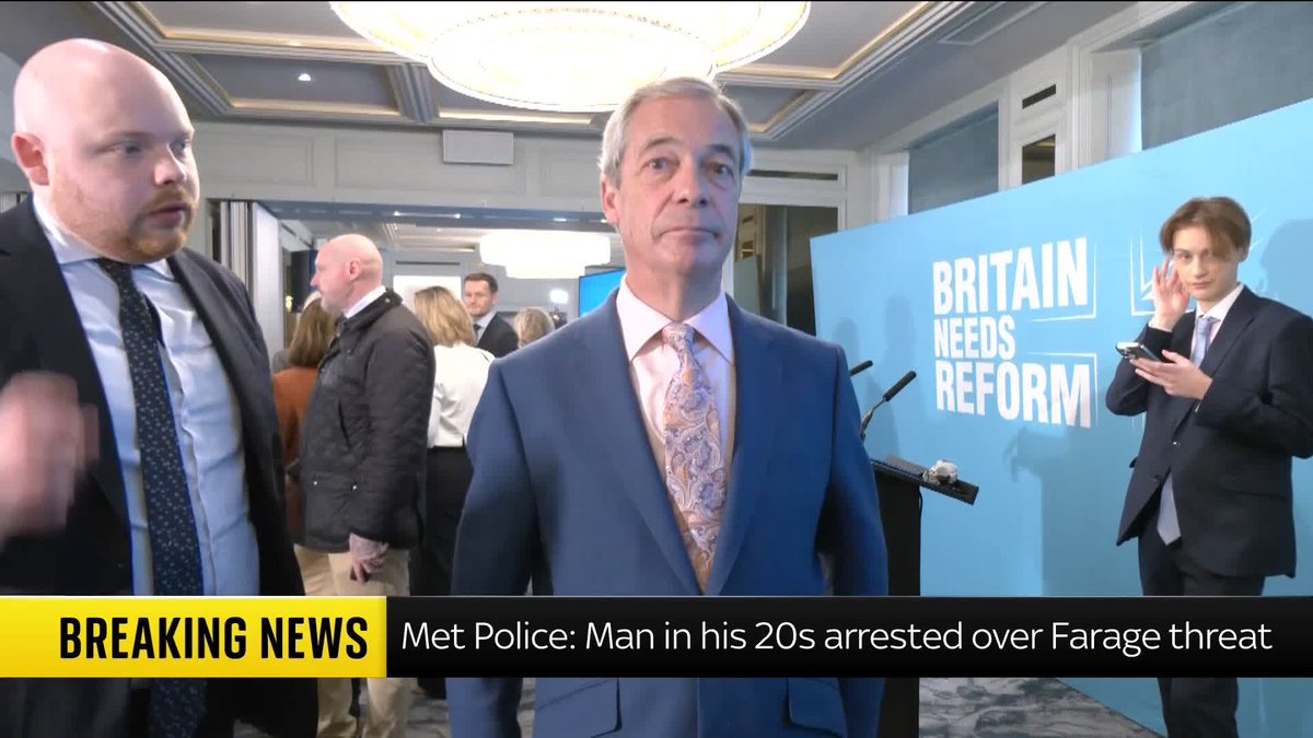 BREAKING: A man was arrested on Tuesday for threatening to kill Nigel Farage on social media, Reform UK has told Sky News. The Metropolitan Police said the arrest related to a social media post from earlier this year, which was reported to police in May.