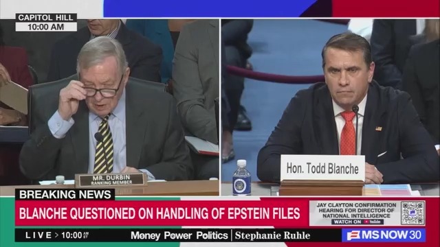 Sen. Durbin: Can I get your word that you'll personally meet with the Epstein victims in the next 30 days? Todd Blanche: I have someone in my office who has spent her career on cases like this, she's available to talk with them. Sen. Durbin: She can sit with you. Blanche: I have never said I won't meet with them. Sen. Durbin: Will you meet with them? Blanche: If they have lawyers, I'm prohibited from meeting with them.