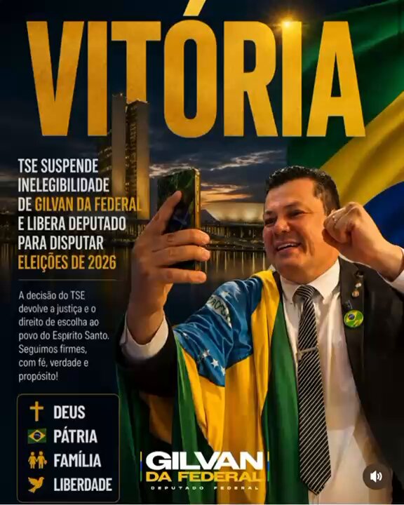 VITÓRIA! DEUS É FIEL! O TSE autorizou, estou liberado para disputar as Eleições de 2026! Aqueles que dizem defender a Democracia tentaram SILENCIAR minha VOZ. Mas quem tem Deus ao lado, não cai! Instagram: Deus, Pátria, Família e Liberdade!