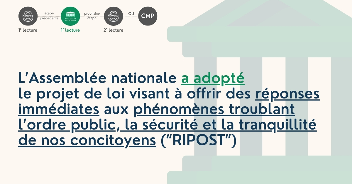 ✅ L'Assemblée nationale a adopté le projet de loi visant à offrir des réponses immédiates aux phénomènes troublant l’ordre public, la sécurité et la tranquillité de nos concitoyens, dit #RIPOST, en première lecture. 🔎 Pour en savoir plus : #DirectAN