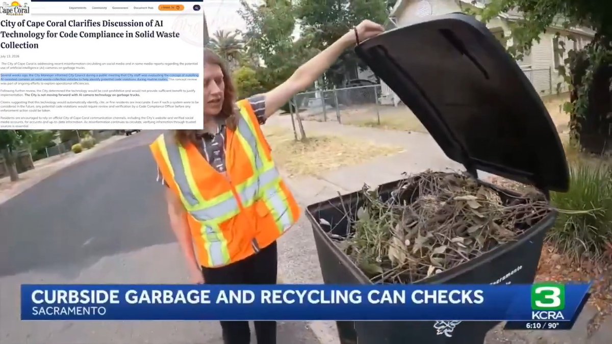 Last week, Cape Coral Florida floated the idea of using AI powered cameras on garbage trucks to fine residents who put trash out by the road in a manner the State doesn't approve of. This week, Sacramento California announced they'll be sending leftist Karens around to inspect residents' trash to make sure they are in compliance with California's Statist mandates of how trash is placed in a bin. They say there's no penalty for putting your trash out in a manner the State doesn't approve of for now but anyone with a history book knows how this ends. If we allow it, the Florida technology will be paired with the California policy and fines will be introduced. Once fines are introduced then armed agents of the State with a monopoly on "legal" violence will be used against all of us for this dystopian plan for how to put trash in a bin. Oppose this madness accordingly... #police #crime #florida #PoliceState #4thAmendment #14thAmendment #CivilRights #trash #cops #stalking #garbage #taylorcounty #florida #flock #SurveillanceState #CapeCoral