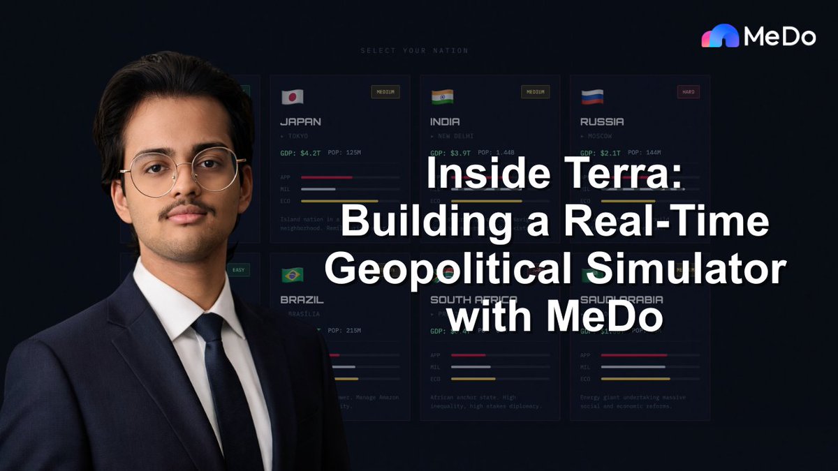 Our Build with MeDo Hackathon livestream recap continues with Terra, a winning project built by Garv Gupta. No coding background. Around 90 iterations. One geopolitical simulator where every policy decision can shift the world around you. Watch Garv walk us through it!