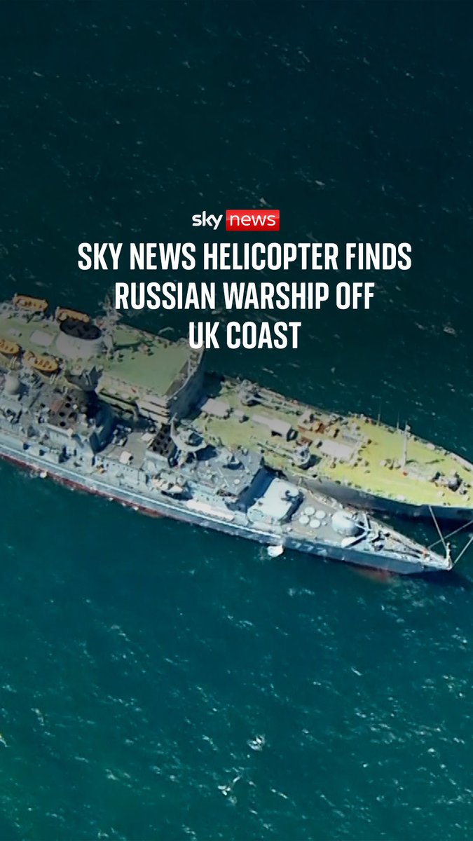 Russian warship Neustrashimy has been filmed by the Sky News helicopter in the North Sea while it was receiving fuel and supplies from another Russian naval ship.