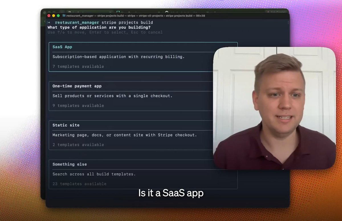 New: templates for Stripe Projects Generate a working starter app with services like hosting, auth, databases, and billing integrated. See the demo from Michael Selander.